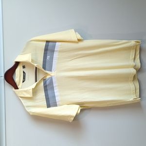 Travis Mathew Yellow Polo Shirt with Gray and White Stripes